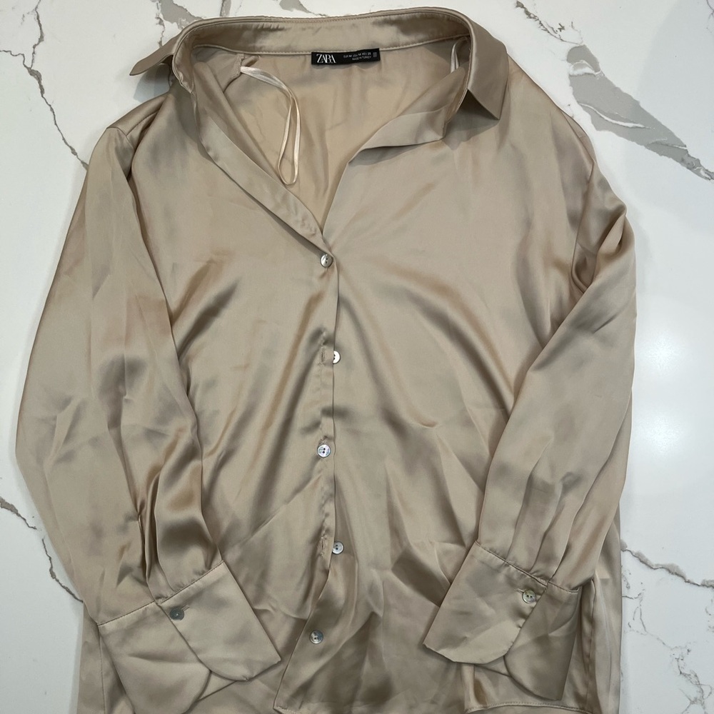 Zara Beige Satin Button-Down Shirt, Size M